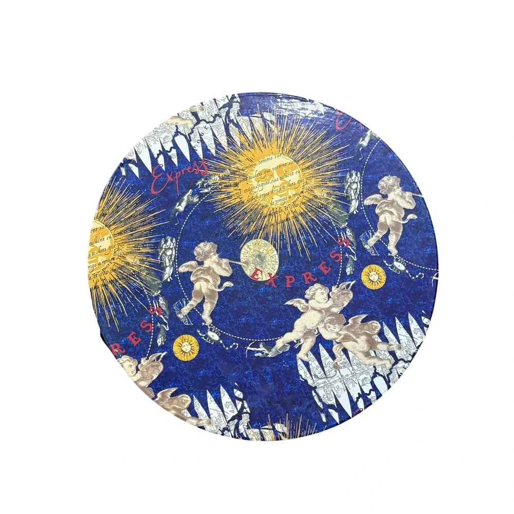 Vintage 90s Celestial Round Hat Box Cherub Zodiac Sun Moon Decorative Storage